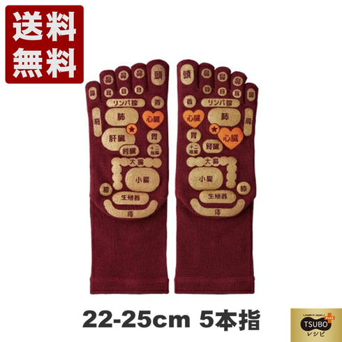 【TSUBOレシピPLUS 33032 ダークレッド】両面足つぼソックス 5本指タイプ靴下 22cm-25cm